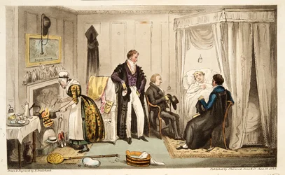 Tom Echo lagde sig med Headington-feberen eller en Oxonian meget tæt på muren, fra The English Spy, udgivet London, 1824 (håndfarvet gravering)
