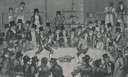 I den kongelige hanekamparena, 1821, 1920. Kunstnere: Isaac Robert Cruikshank, George Cruikshank.