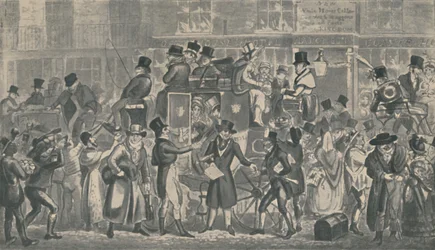 Udenfor White Horse Cellar, Piccadilly, 1821, 1920. Kunstnere: Isaac Robert Cruikshank, George Cruikshank.