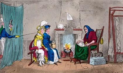 Tom og Jerry, der fanger Kate og Sue på flugt og får deres formuer fortalt, 1800-tallet.