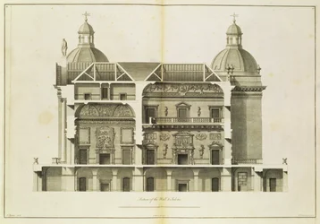 Houghton Hall: tværsnit af hallen og salonen, graveret af Pierre Fourdrinier, 1735 (se også 64903 og 64904)
