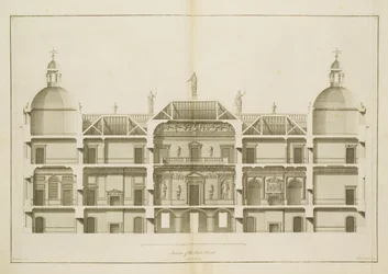 Houghton Hall: sektion af østfronten, indgraveret af Pierre Fourdrinier, 1735 (se også 64902 og 64904)