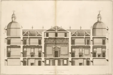 Houghton Hall: sektion af vestfronten, indgraveret af Pierre Fourdrinier, 1735 (se også 64902 og 64903)