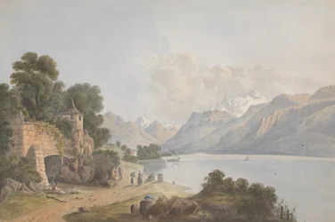 Bjerglandskab med sø, port og figurer