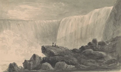 Udsigt over Niagara Falls med to figurer, der sidder på en klippecenterforgrund