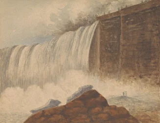 Udsigt over Niagara Falls med to figurer på klippen i højre forgrund