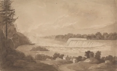 Udsigt over Niagara Falls med vandfaldene i baggrunden, til højre og landskab med huse i forgrunden