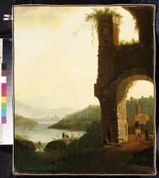 Romantisk landskab (Et romantisk landskab). Maleri af Isaac de Moucheron (1667-1744). Hollandsk kunst, barokstil. Olie på lærred. Mikhail Kroshitsky kunstmuseum, Sevastopol (Sevastopol) Ukraine