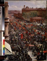 ""Parade på Nevskij-prospektet i Leningrad (Sankt Petersborg)"" Maleri af Isaak Izrailevich Brodsky (Brodsky) (1884-1939) (socialistisk realisme) 1930 Statens russiske museum Sankt Petersborg
