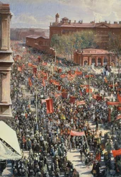 Demonstration på 25. oktober Avenue, skitse til maleriet fra 1934 i Tretyakov Gallery, 1930
