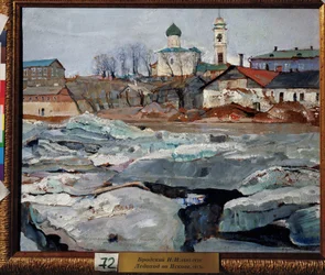 Isdrift i Pskov (Isdrift i Pskov). Maleri af Isaak Izrailevich Brodsky (Brodsky) (1884-1939). Olie på pap