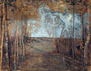 ""Den nye måne" (Nymånen) Natligt trælandskab Maleri af Isaak Brodsky (1884-1939) Olie på lærred 1912 Dim 62x80 cm Privat samling