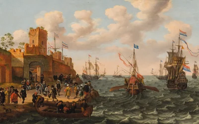 En hollandsk tremester og en pavelig kabyss med anden skibsfart langs kysten af en befæstet by, ca. 1662 (olie på panel)