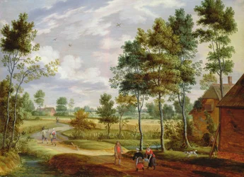 Figurer uden for et sommerhus i et landskab