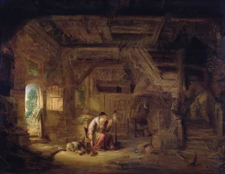 Interiør af en stald med en gammel kvinde ved en gård (olie på panel)