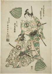 Skuespilleren Sawamura Sojuro II (tidligere Utagawa Shirogoro) som Matsuomaru og Azumo Tozo I som Sakuramaru i stykket "Sugawara Denju Tenarai Kagami", opført på Morita Theatre, 1750