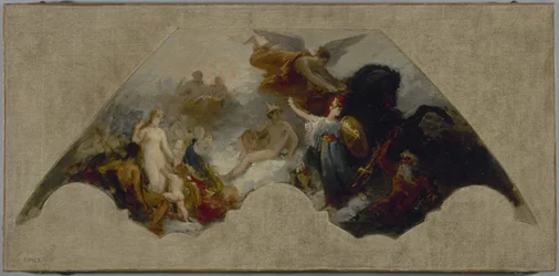 Minerva kæmper mod Brutal Force foran det genforenede Olympus, ca. 1872 (olie på lærred)