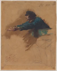 Ung mand læner sig frem med udstrakte arme (studie til soldater, der uddeler brød til de fattige), ca. 1851 (olie, brun olievask eller blækvask og sort farvekridt)
