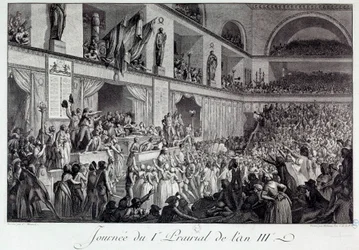 Den Franske Revolution: Dagen for Folkets Oprør mod Sult i I Prairial of Year III (20/05/1795): Befolkningen invaderede konventionen og massakrerede den deputerede Jean Bertrand Feraud (1759-1795), som var ansvarlig for forsyningen af Paris, som op
