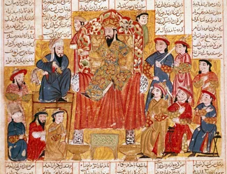 Islamisk kunst: «En sultan og hans hof», persisk miniature fra et manuskript til heltedigtet «Shahnameh» (Shah Nama, Shahnama) (Kongernes Bog) af Ferdowsi (Firdawsi, eller Ferdawsi, eller Firdousi, ca. 940-omkring 1020). Omkring 1330, Topkapi-museet