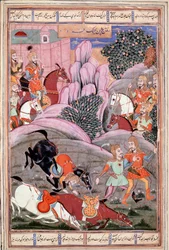 Islamisk kunst: "" Bijene og Roham går for at angribe Firoud"" Persisk miniature fra et manuskript af det episke digt "" Shahnameh"" (Shah Nama, Shahnama) (Kongernes Bog) af Ferdowsi (Firdawsi eller Ferdawsi eller Firdousi, ca. 940-omkring 1020) (ms. 607) 
