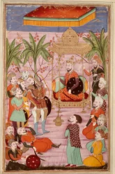 Islamisk kunst: "" Kong Keikaous beordrer tilfangetagelsen af Roustam""" persisk miniature fra et manuskript af det episke digt "" Shahnameh"" (Shah Nama, Shahnama) (Kongernes Bog) af Ferdowsi (Firdawsi eller Ferdawsi eller Firdousi , ca. 940-omkring 1020)