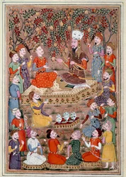 Islamisk kunst: "" Roustam beder Kei Khosraou om Gourguins nåde"" Persisk miniature fra et manuskript af det episke digt "" Shahnameh"" (Shah Nama, Shahnama) (Kongernes Bog) af Ferdowsi (Firdawsi eller Ferdawsi, eller Firdousi, ca. 940-omkring 1020) (ms. 6