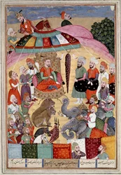 Islamisk kunst: "" Sohrab (Saharab) foran kongens telt"" Persisk miniature fra et manuskript af det episke digt "" Shahnameh"" (Shah Nama, Shahnama) (Kongernes Bog) af Ferdowsi (Firdawsi eller Ferdawsi, eller Firdousi, ca. 940-omkring 1020) (ms. 607) Chant