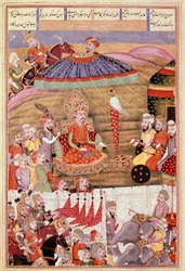 Islamisk kunst: "" Sohrab (Saharab) ser igen på Roustams telt""" Persisk miniature fra et manuskript af det episke digt "" Shahnameh"" (Shah Nama, Shahnama) (Kongernes Bog) af Ferdowsi (Firdawsi, eller Ferdawsi eller Firdousi, ca. 940-omkring 1020) (ms. 60