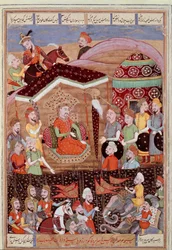 Islamisk kunst: „Sohrab (Saharab) ser på de persiske hærlederes sorte telt“. Persisk miniature fra et manuskript til det episke digt „Shahnameh“ (Shah Nama, Shahnama) (Kongernes Bog) af Ferdowsi (Firdawsi, eller Ferdawsi, eller Firdousi, ca. 6
