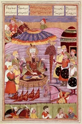 Islamisk kunst: "" Sohrab (Saharab) ser på Rostames telt""" Persisk miniature fra et manuskript af det episke digt "" Shahnameh"" (Shah Nama, Shahnama) (Kongernes Bog) af Ferdowsi (Firdawsi eller Ferdawsi) , eller Firdousi, ca. 940-omkring 1020) (ms. 607) 