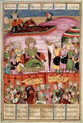 Islamisk kunst: "" Sohrab (Saharab) står ved teltet Roustam""" Persisk miniature fra et manuskript af det episke digt "" Shahnameh"" (Shah Nama, Shahnama) (Kongernes Bog) af Ferdowsi (Firdawsi eller Ferdawsi) , eller Firdousi, ca. 940-omkring 1020) (ms. 60