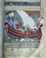 Noas ark, der sejlede nær Kabaen i Mekka, oversvømmede Miniature fra manuskriptet "Zubdat al Tawarikh" (Creme of Stories) af historikeren Seyyid Loqman Ashuri 1538. Tyrkisk og islamisk kunstmuseum Istanbul