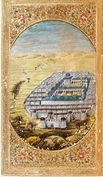 Udsigt over Mekka (La Mekke), muslimsk pilgrimsrejsested og sletterne ved Arafat-bjerget (Arafah), Saudi-Arabien. Side taget fra en udgave af Koranen