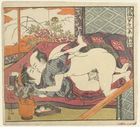 Kærlighedspar ved teservice Twelve Views of Sophisticated Edo (serietitel) Furyu Edo junikei (serietitel på objekt)