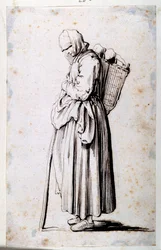Figur med kurv (pen og brunt blæk på papir)