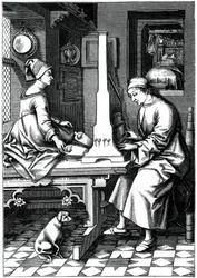 Tysk musiker, der udfører et stykke musik på et bærbart orgel, 1400-tallet, 1870.
