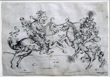 To ryttere spiller. Spil med to mænd til hest. Tegning af Israel Van Meckenem (ca. 1440-1503). Louvre-museet