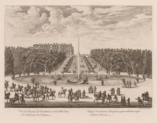 Udsigt over Château de Versailles, fra siden af ​​banen og Dragon-fontænen, 1676.