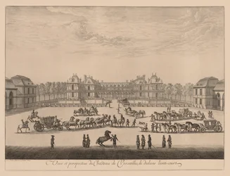 Udsigt og perspektiv af slottet i Versailles, inde fra anti-gården, 1664.
