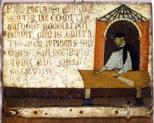 En camerlengo, der fremstiller betaling af skatter. Biccherna (omslag til byen Sienas regnskabsregister) fra 1270. Statsarkivet, Museo delle Tavolette di Biccherna, Siena.
