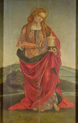 En kvindelig helgen med en kalk, muligvis Maria Magdalena, sandsynligvis 1500-tallet (panel)