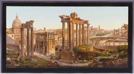 En romersk mikromosaik-bordplade indlagt med figurer foran Castor- og Pollux-templerne i Forum Romanum