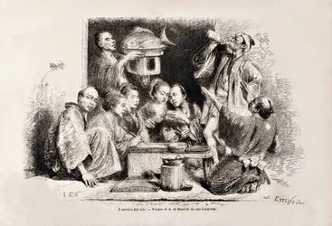 A Small Party Drinking Sake, fra den italienske udgave af Tour du Monde, 1869