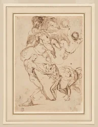 En undersøgelse af bundne mandlige figurer, der bliver håndtert, og forskellige Putti, en der holder et palmeblad