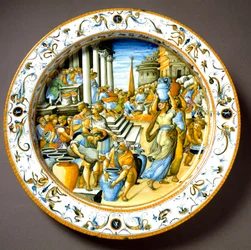 Et congiarium i det antikke Rom (gratis uddeling af vin og olie til folket). Keramisk fad fremstillet omkring 1550 i Urbino på Fontana-værkstedet i Italien. Firenze, Museo Nazionale del Bargello