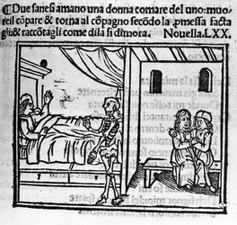 En mand, der er forelsket i sin vens kone, afløser ham i ægteskabets hjem, da han dør. Illustration til nyhederne 70 (Nyheder 10 af den sjette dag) af "Decameron"" af Giovanni Boccaccio dit Jean Boccaccio (1313-1375), italiensk forfatter. Indgravering i ""