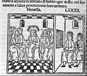 En historie om en nonnes kærlighed. Illustration til nyhederne 82 (Ny 2 af den niende dag) af "Decameron"" af Giovanni Boccaccio dit Jean Boccaccio (1313-1375), italiensk forfatter. Gravering i "" Decamerone ouer Cento nouelle"" Venedig, Bartolomeo de 