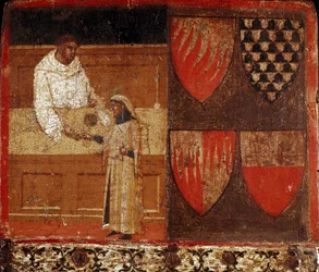 En skatteopkræver og en skatteyder. Anonymt maleri på træ, der udsmykker en Biccherna, omslaget til byen Sienas regnskabsregister, fra 1340. Nationalarkivet - Museo delle Tavolette di Biccherna, Siena.