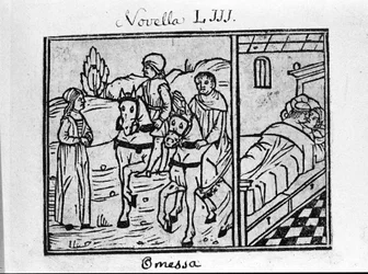 En kvinde møder to ryttere og har et par i et værelse. Illustration til nyhederne 53 (Nyheder 3 af den 6. dag) af "Decameron"" af Giovanni Boccaccio dit Jean Boccaccio (1313-1375), italiensk forfatter. Indgravering i "" Decamerone ouer Cento nouelle"" Vene